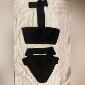 Black strapless choker strappy bikini set